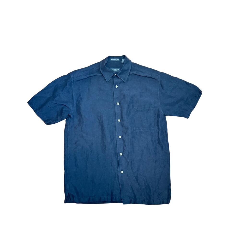 Van Heusen Black Linen Rayon Casual Button Down Shirt S Modern Minimalist Preppy